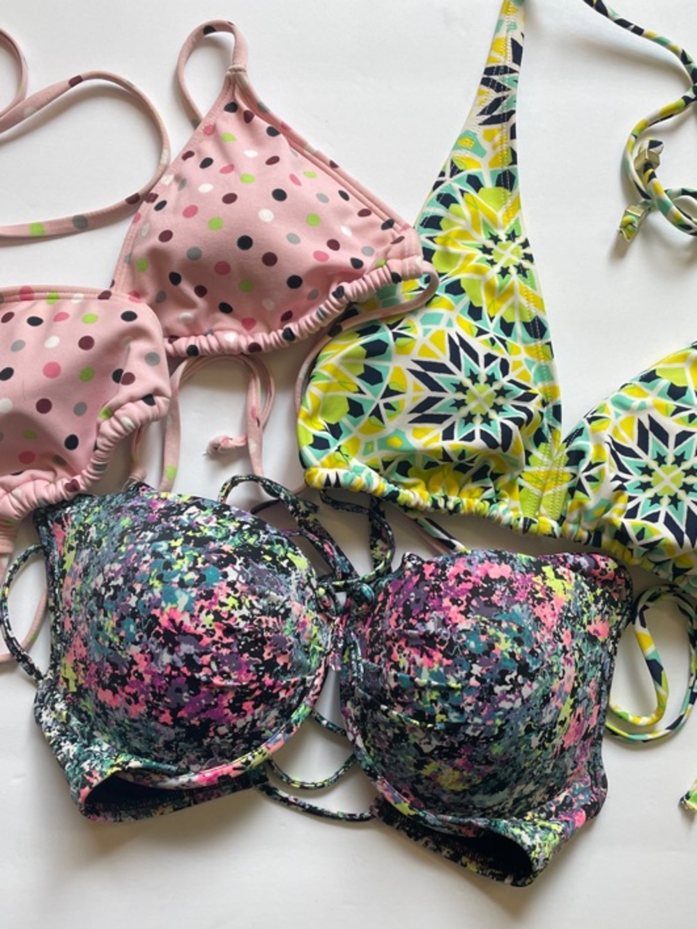 Mixed Print Bikini Tops - Pink Polka Dot, Yellow Geometric, Multicolor Abstract